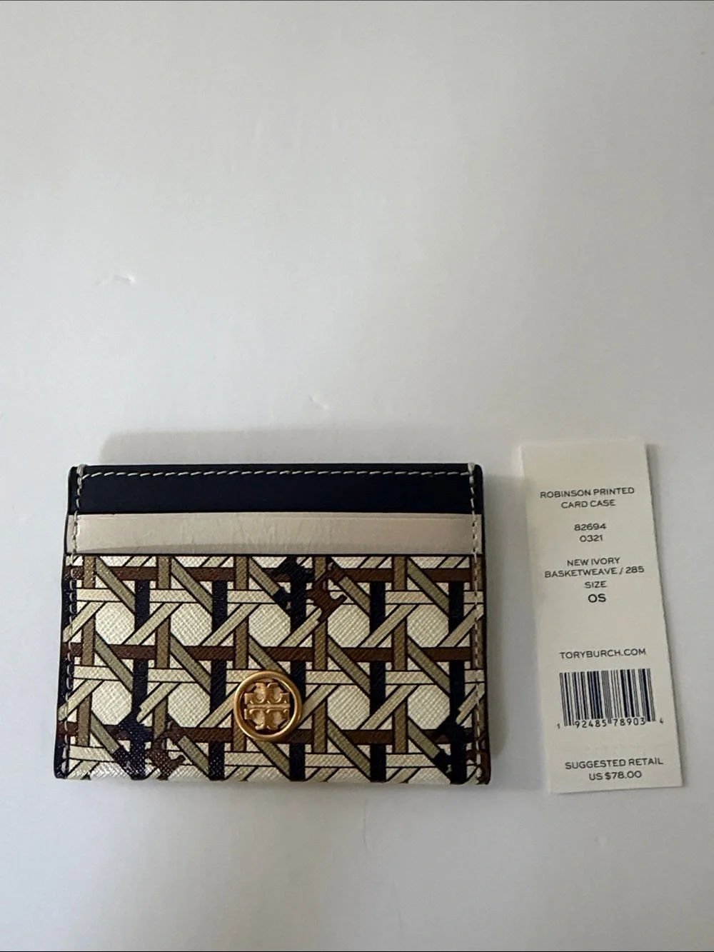 Tory Burch Basketweave Printed Leather Card Case in Navy, Ivory & Brown
